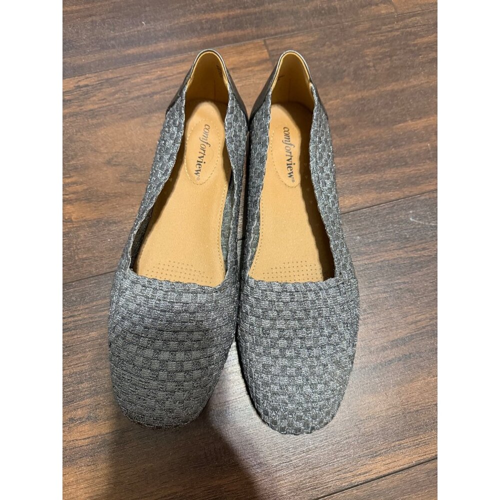Comfortview Flats Silver Metallic Woven Rubber Sole Womans 9WW